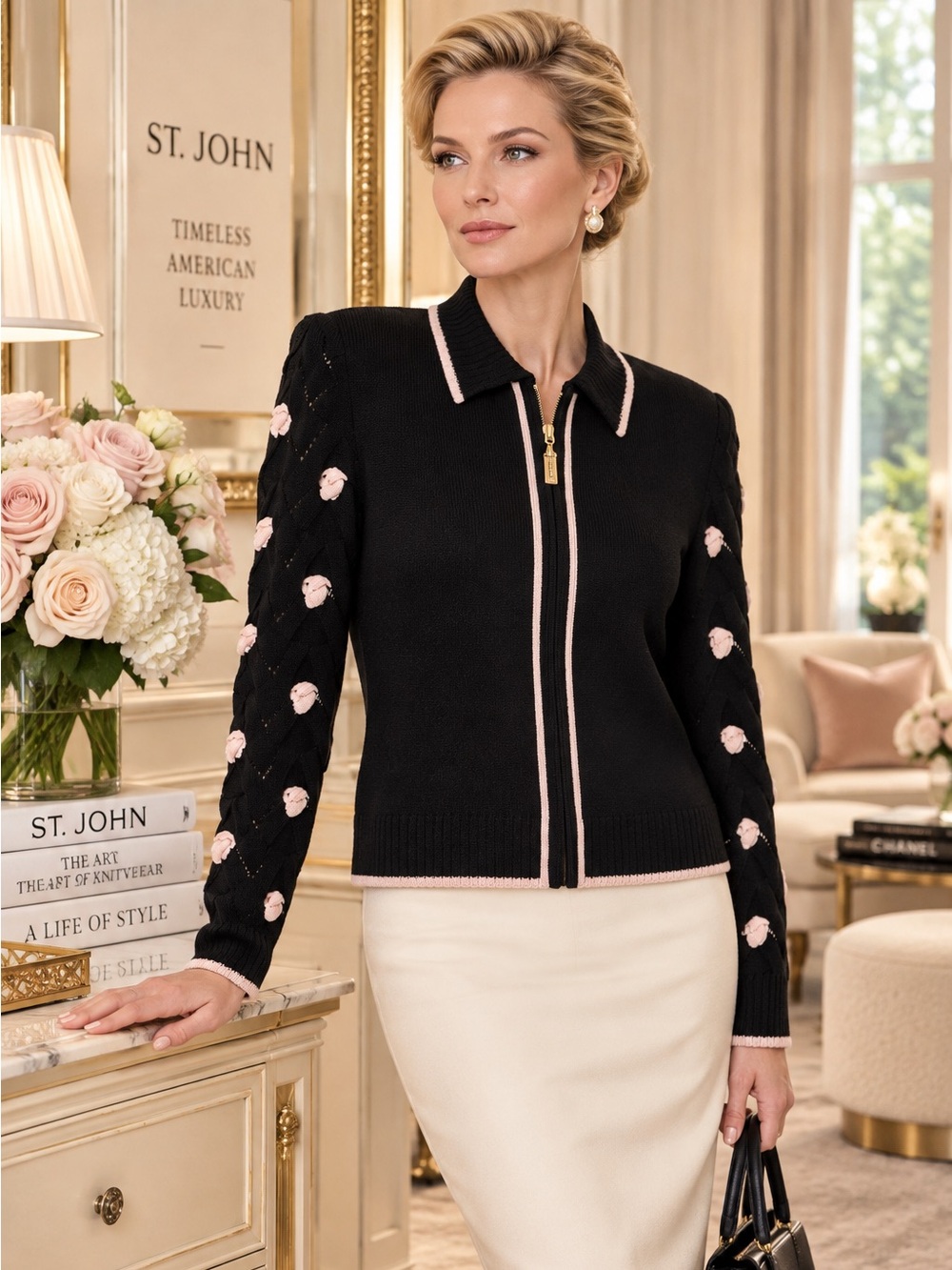 St. John Collection Black & Blush Pink Floral Knit Zip Jacket – Size 8